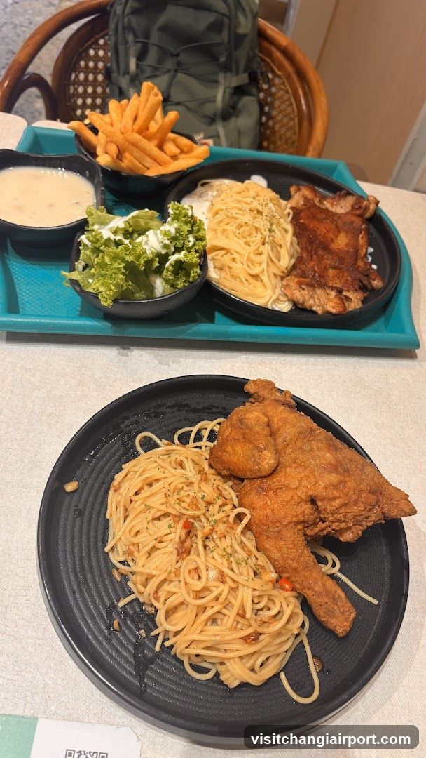 Food Tray with Pasta and Fried Chicken