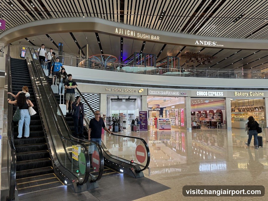 Airport Terminal Interior with Shops and Escalator