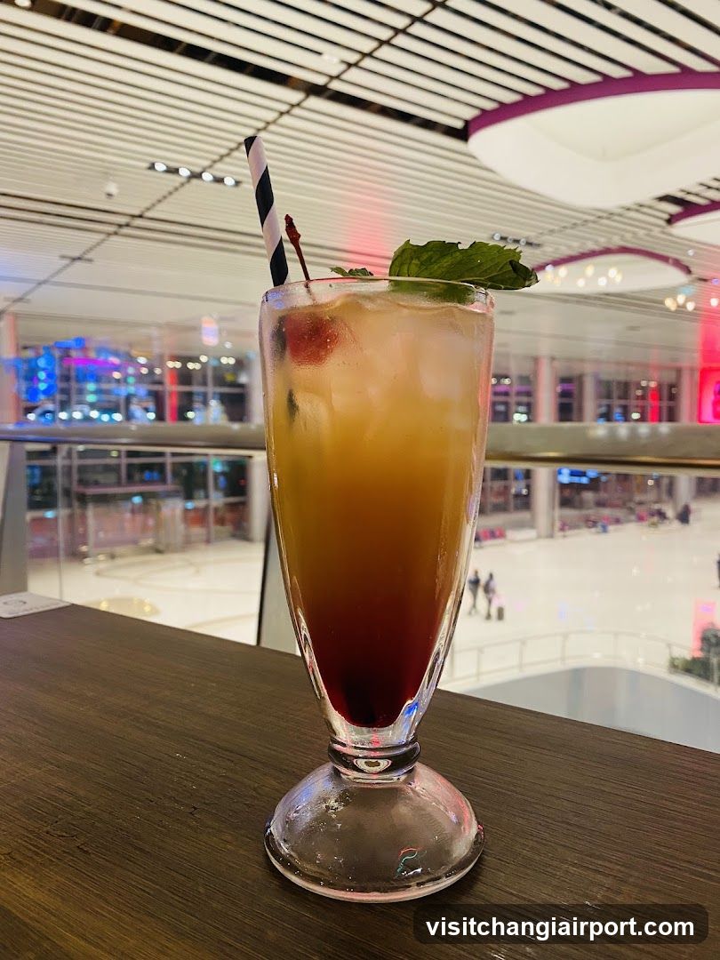 A layered cocktail in a tall glass with mint garnish and striped straw, placed on a wooden table overlooking a spacious indoor atrium with modern ceiling design and distant illuminated storefronts.