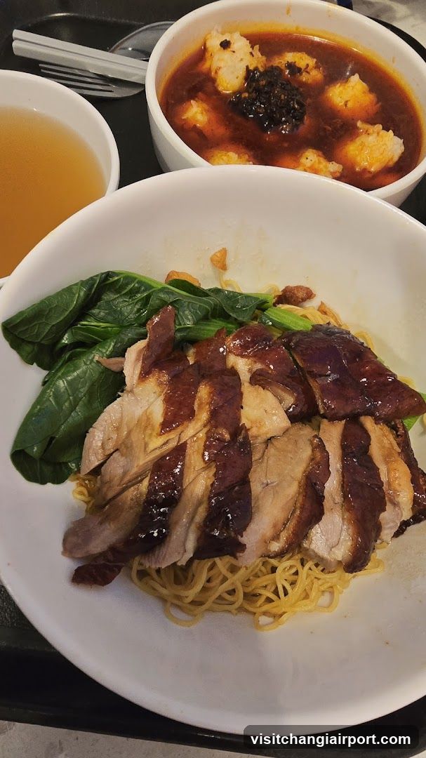 Roast Duck Noodles with Broccoli and Soup