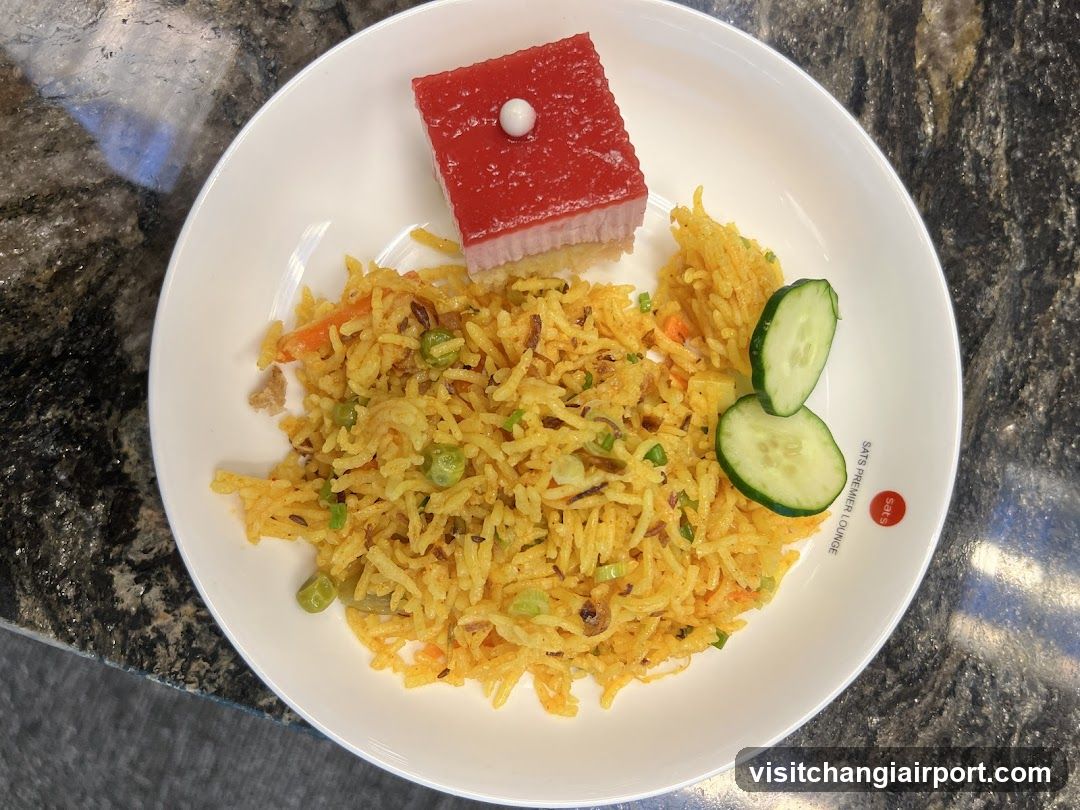 Biryani with Dessert and Cucumber Slices