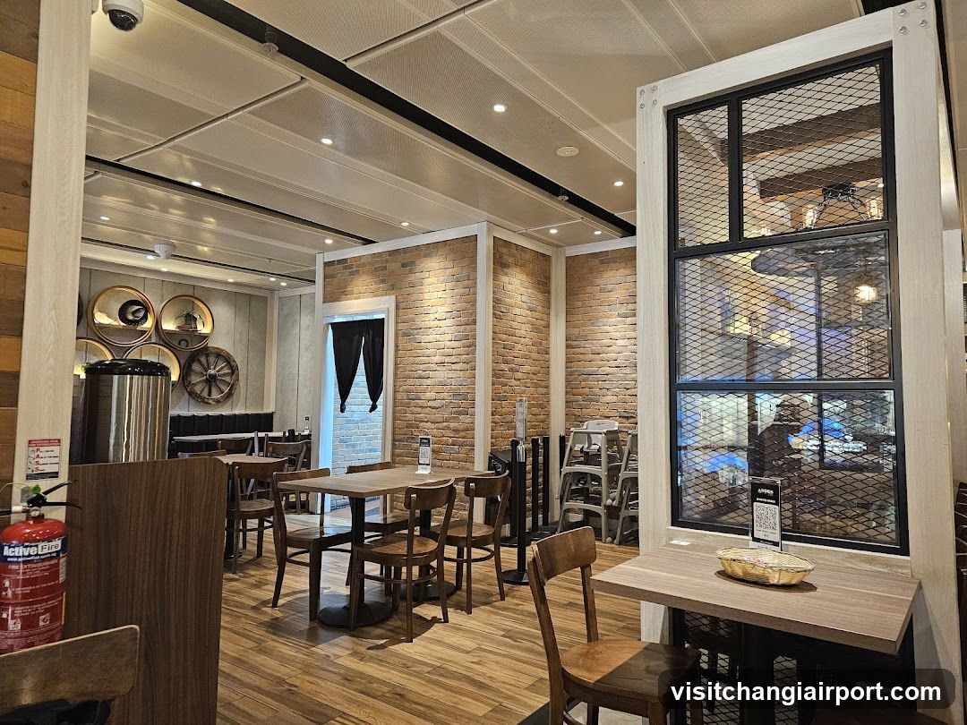Restaurant Interior with Brick Walls and Wooden Furniture