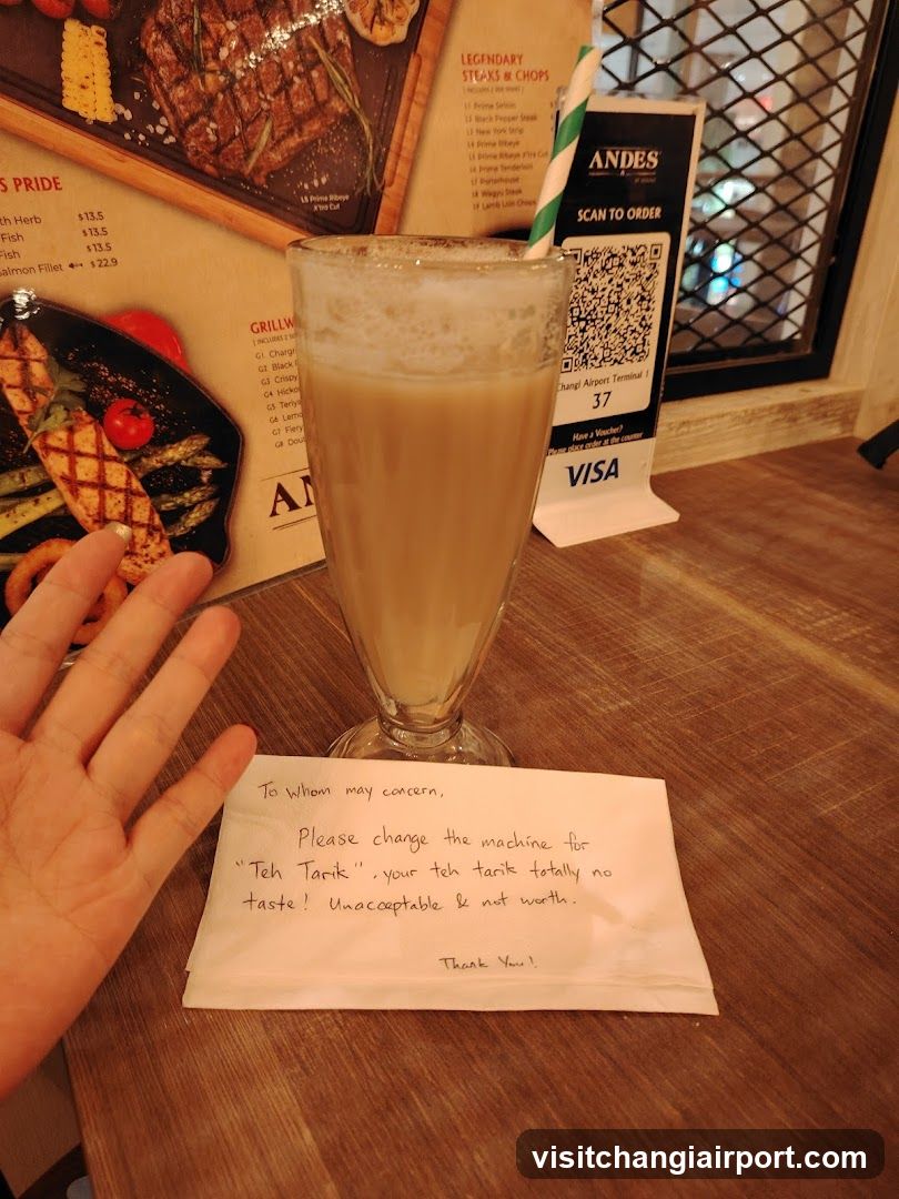 Table with handwritten note and drink