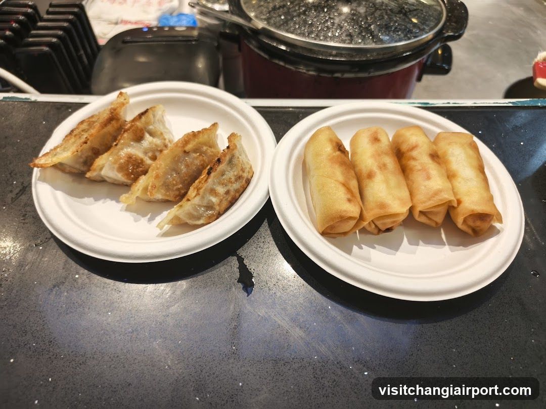 Dumplings and Spring Rolls on Paper Plates