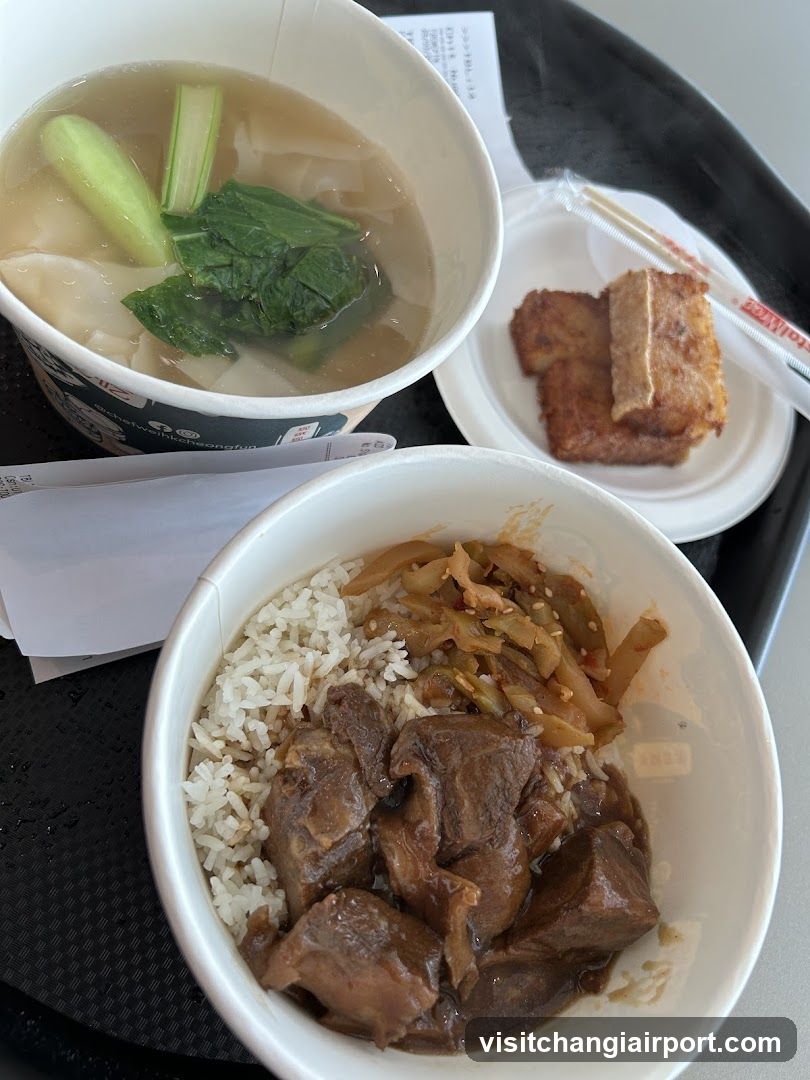 Takeout Meal with Rice, Beef, and Soup