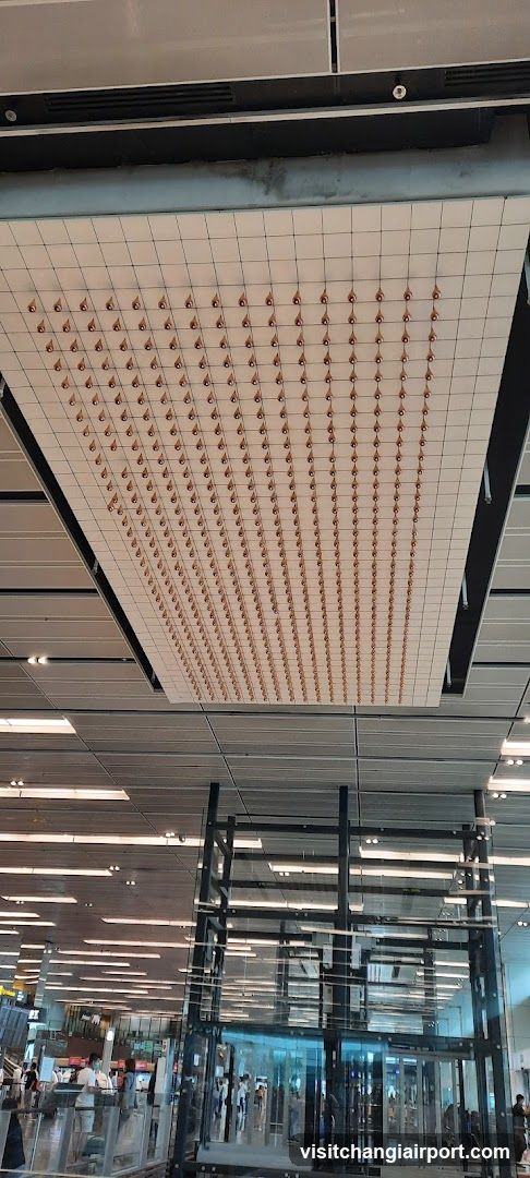 Interior of a modern public space with ceiling art
