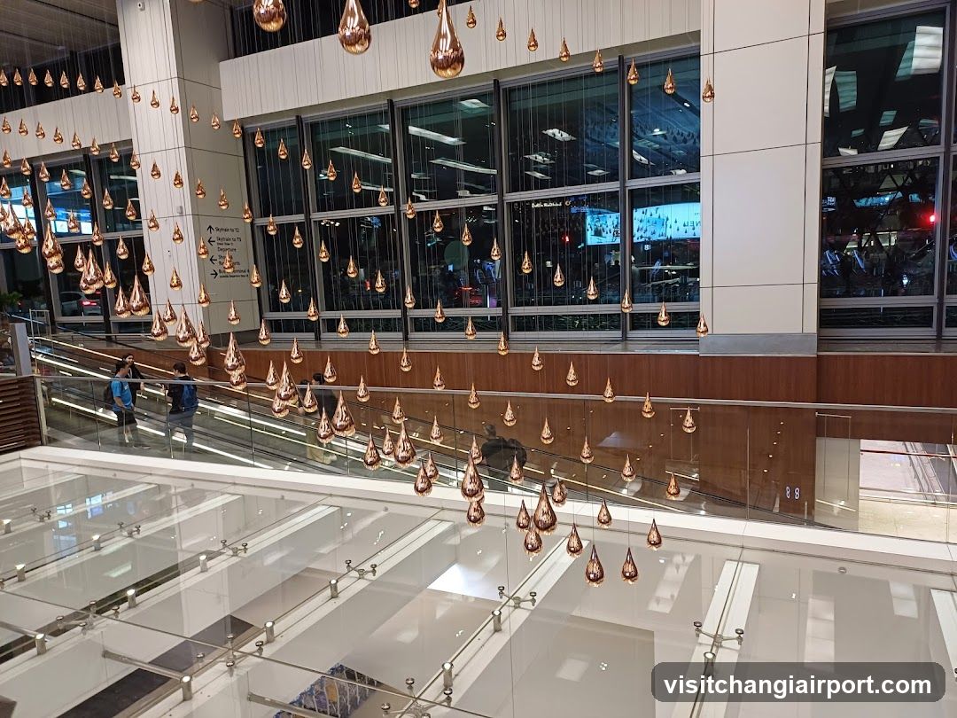 Interior of a modern building with hanging copper lights