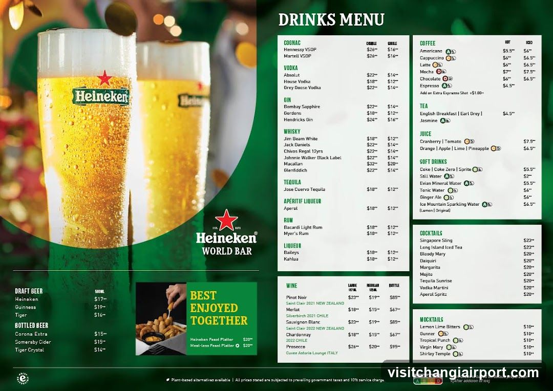 Heineken World Bar Drinks Menu