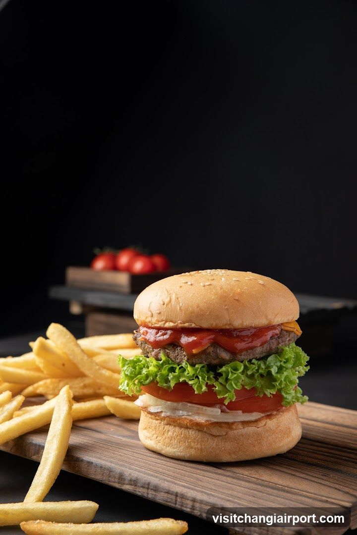 Burger and Fries on Wooden Board