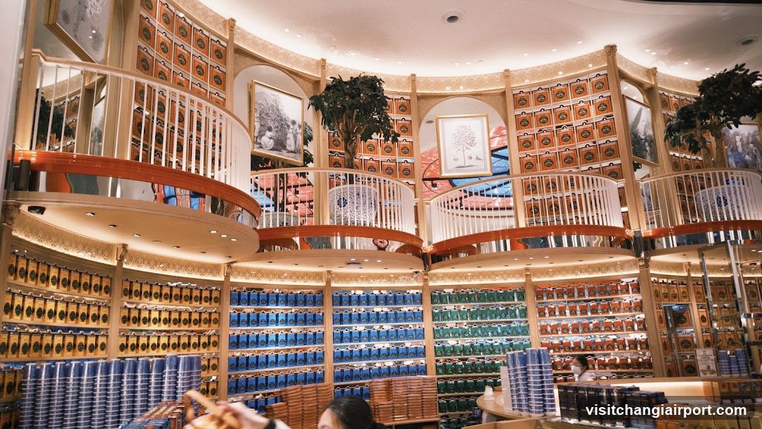 Interior of a tea shop with multi-level shelving