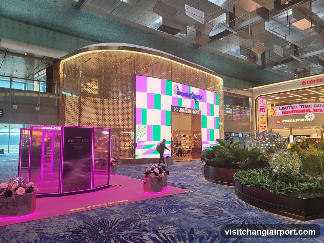Airport Terminal Interior with Louis Vuitton Storefront and Promotional Displays