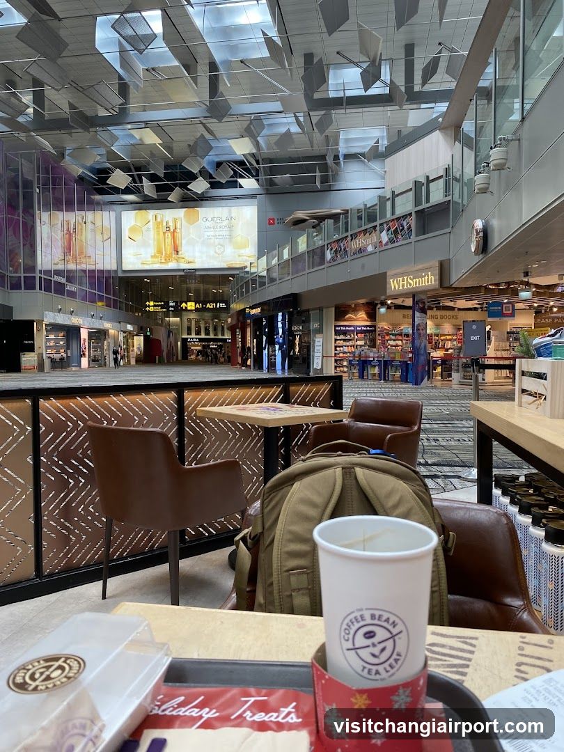 Airport Lounge Interior with Coffee and Shopping Area