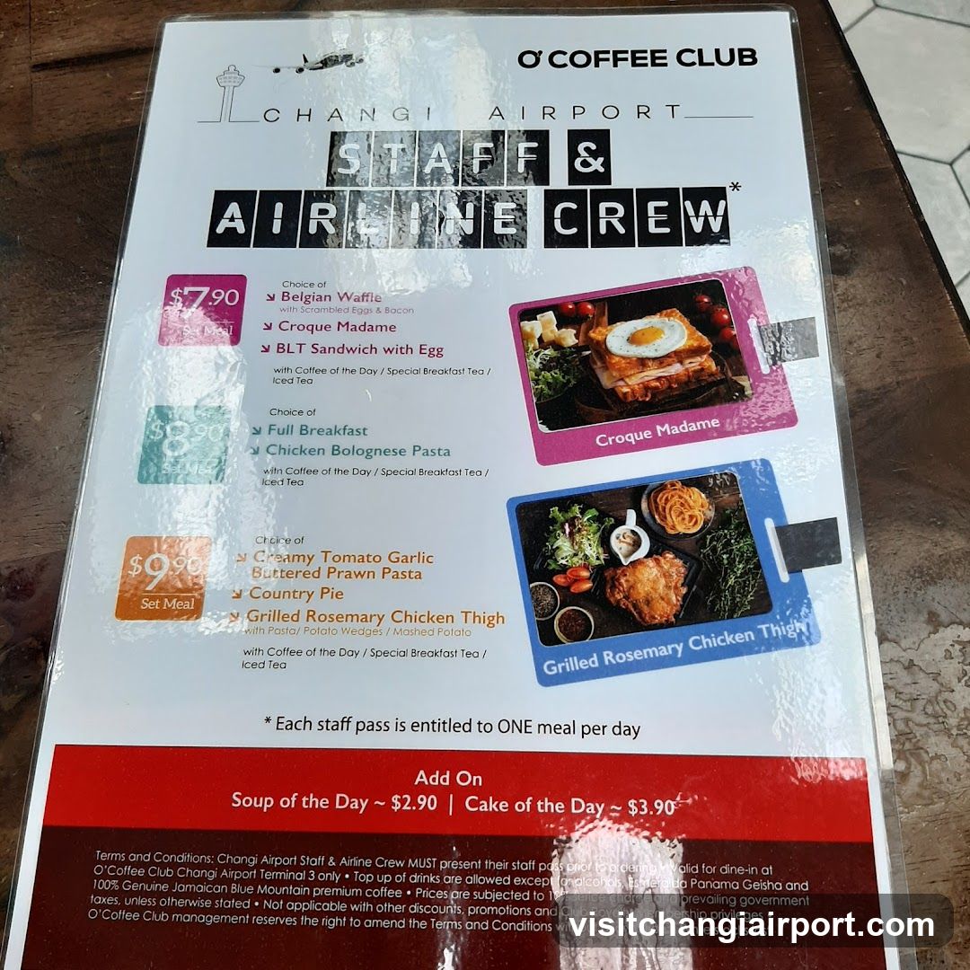 O' Coffee Club Changi Airport Staff & Airline Crew Menu