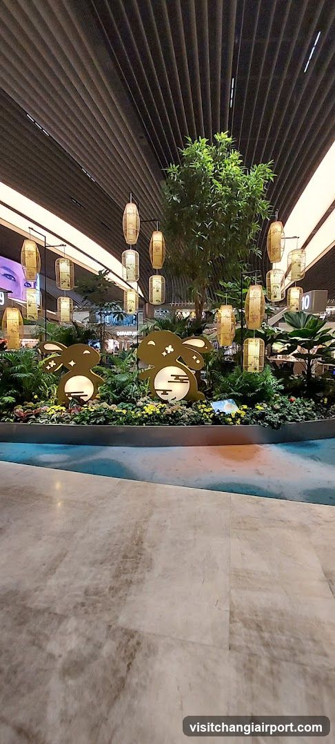Indoor Garden Display with Lanterns and Rabbits