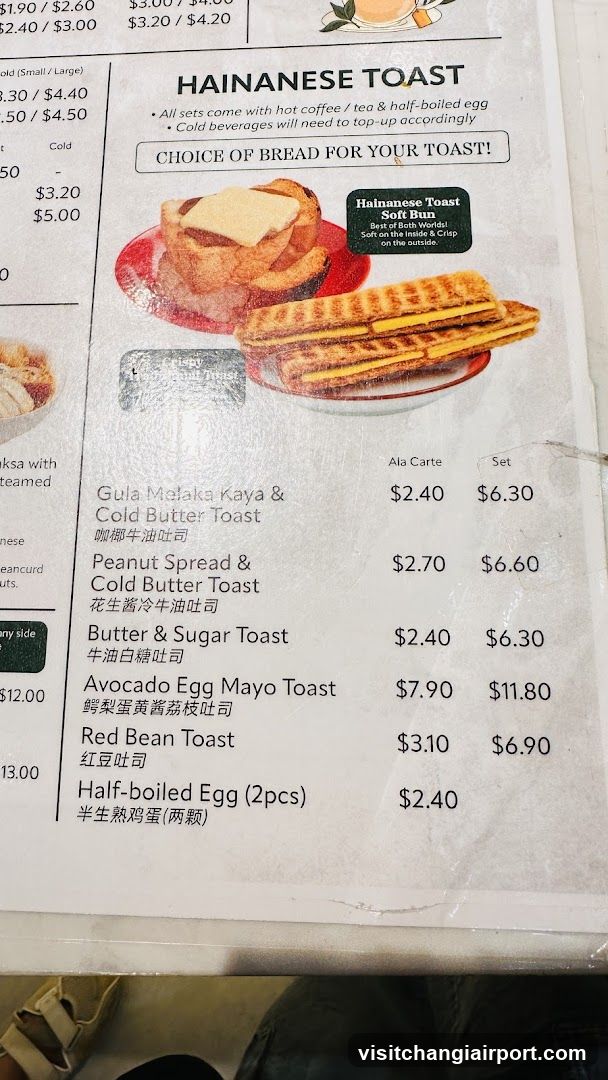 Hainanese Toast Menu