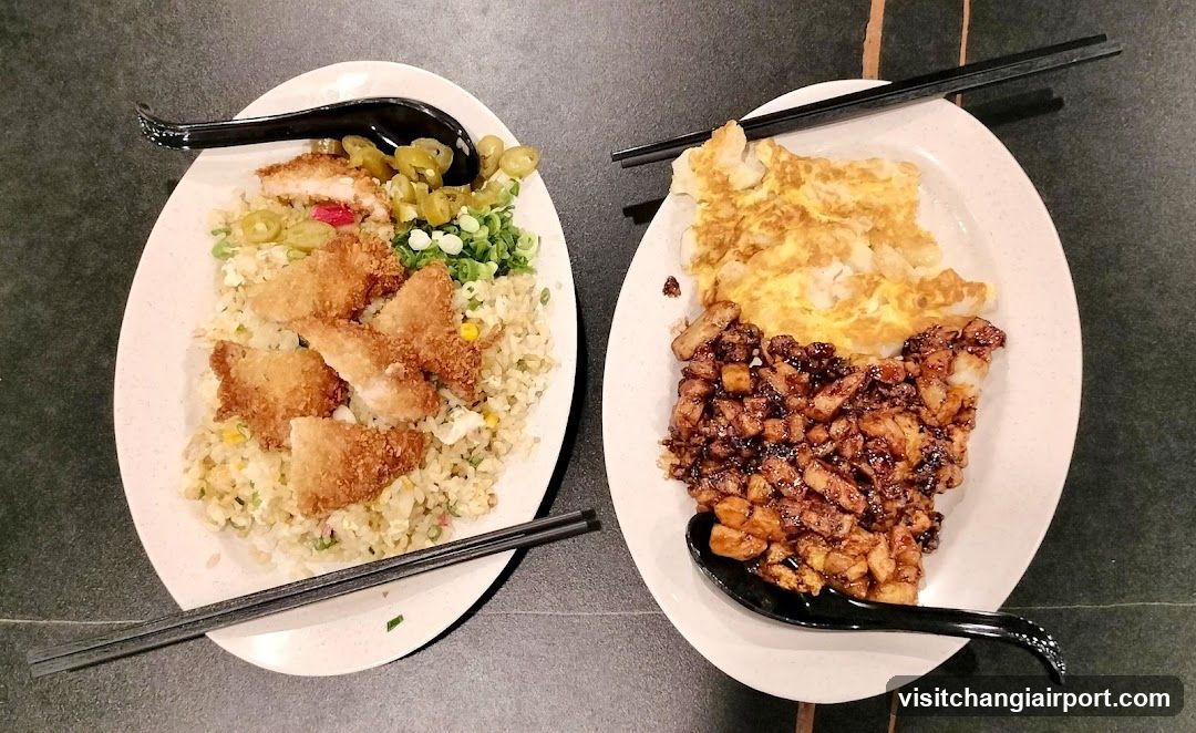 Two plates of fried rice with toppings