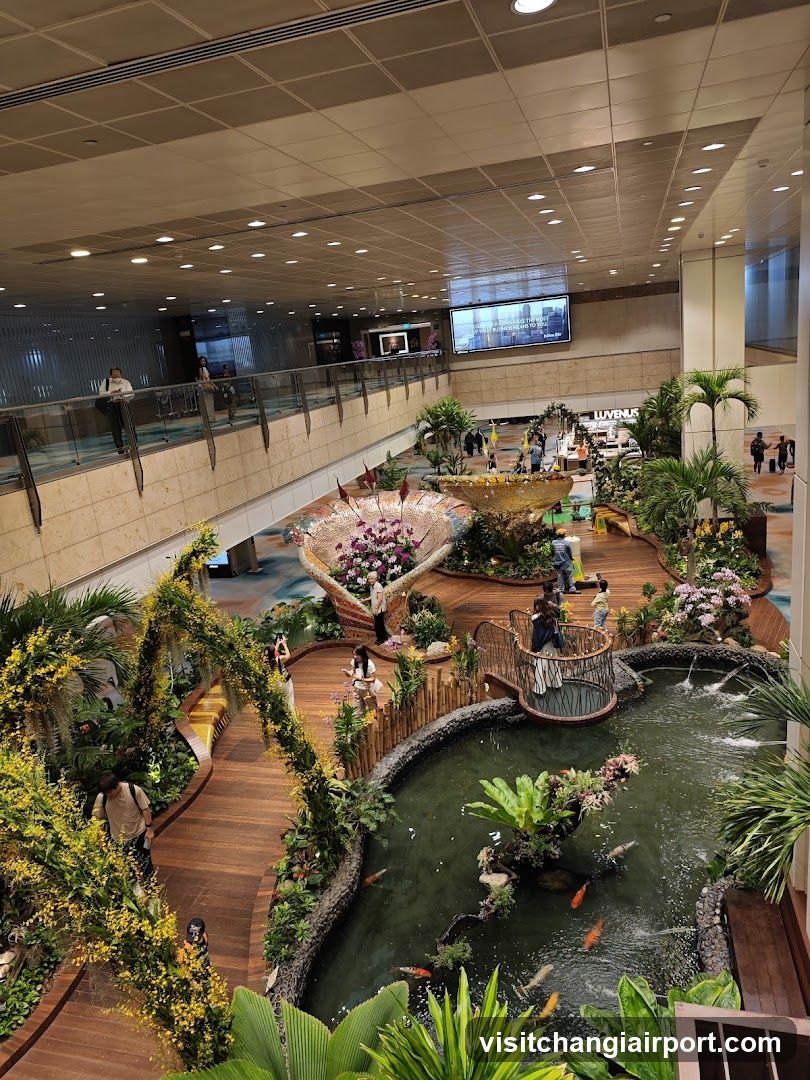 Indoor Garden Scene with Pond and Floral Displays