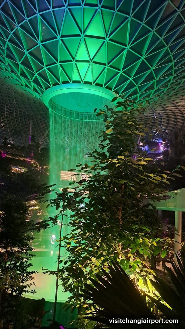 Indoor Waterfall with Green Lighting