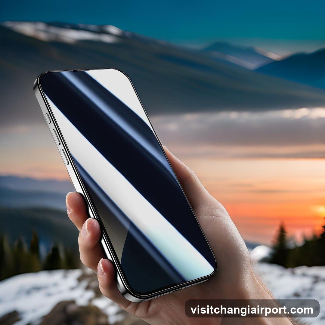 Hand holding smartphone against mountain sunset