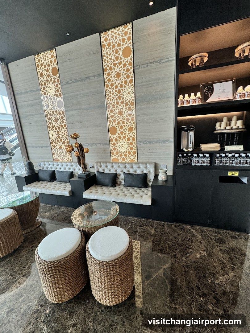 Lounge Interior with Decorative Wall Panels and Beverage Station