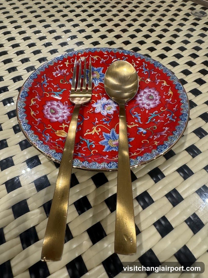 Red Patterned Plate with Gold Cutlery