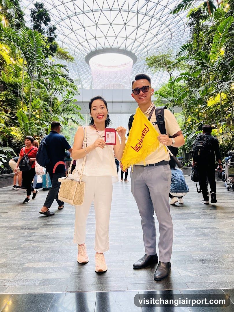 Couple with ID and flag in indoor garden