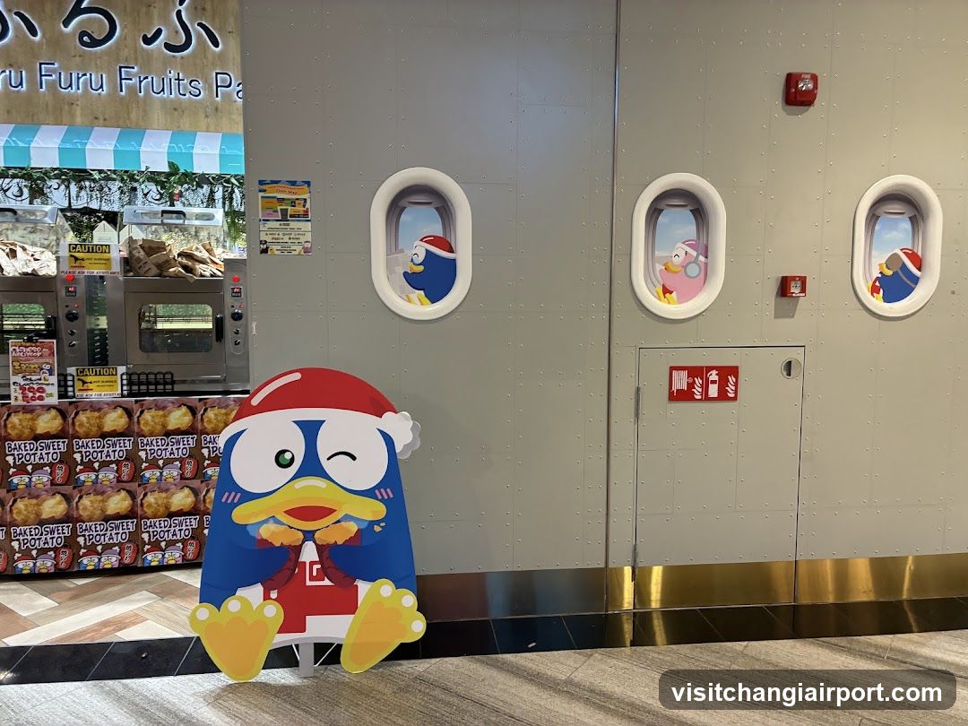 Holiday-themed store display with penguin cutout