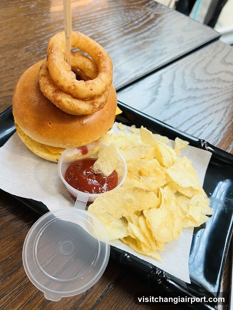 Burger with Onion Rings and Chips