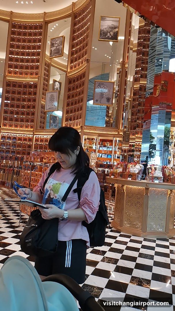 Interior of a store with checkered floor and shelves