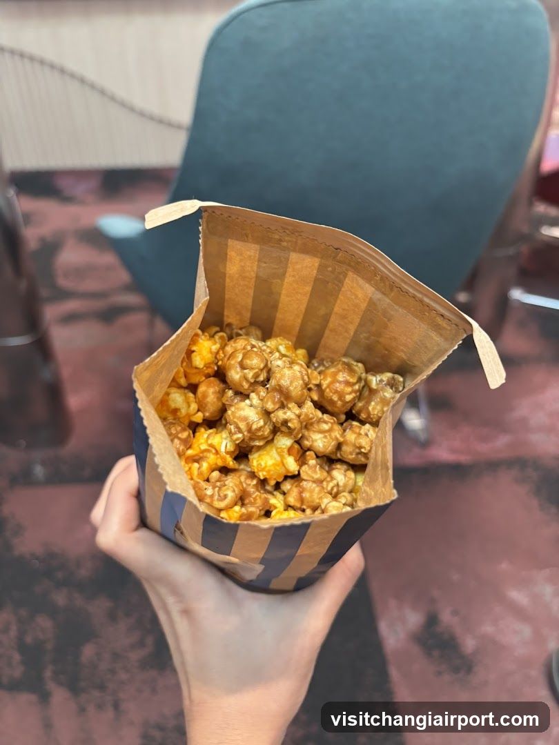 Hand holding caramel popcorn in striped bag