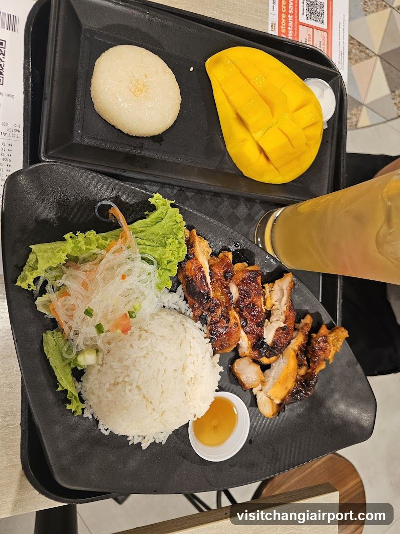 Food Tray with Rice, Chicken, Mango and Drink