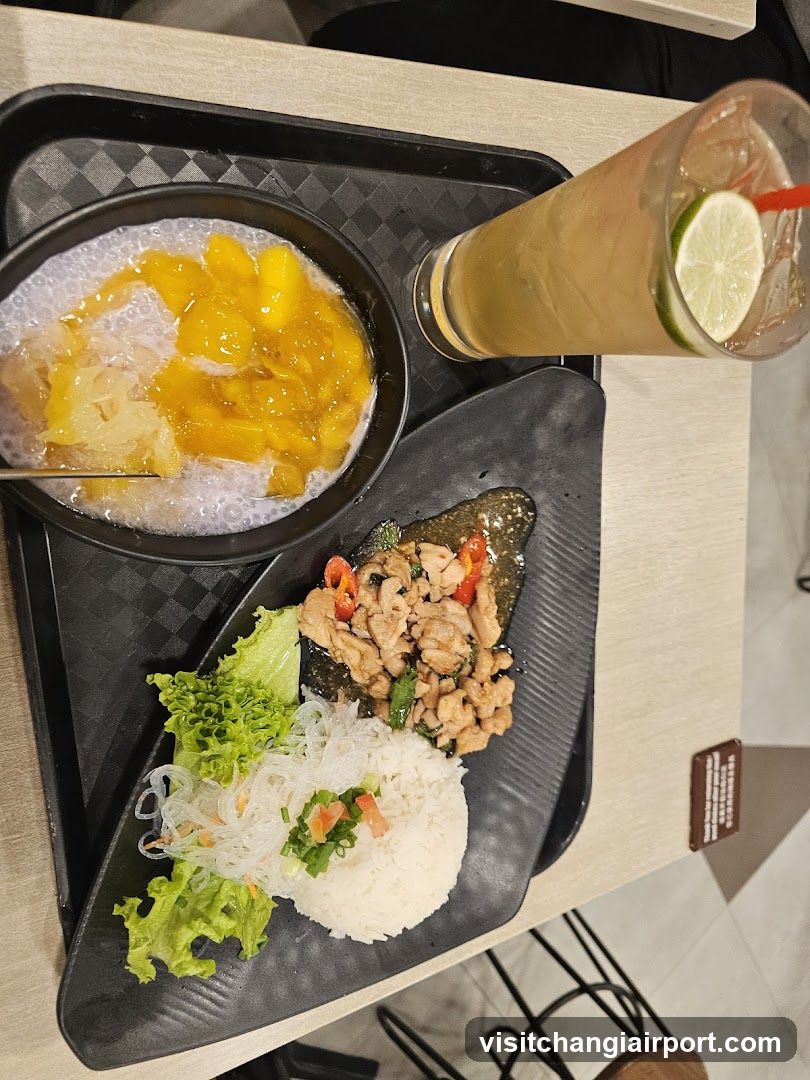Food Tray with Mango Dessert and Stir Fry Rice