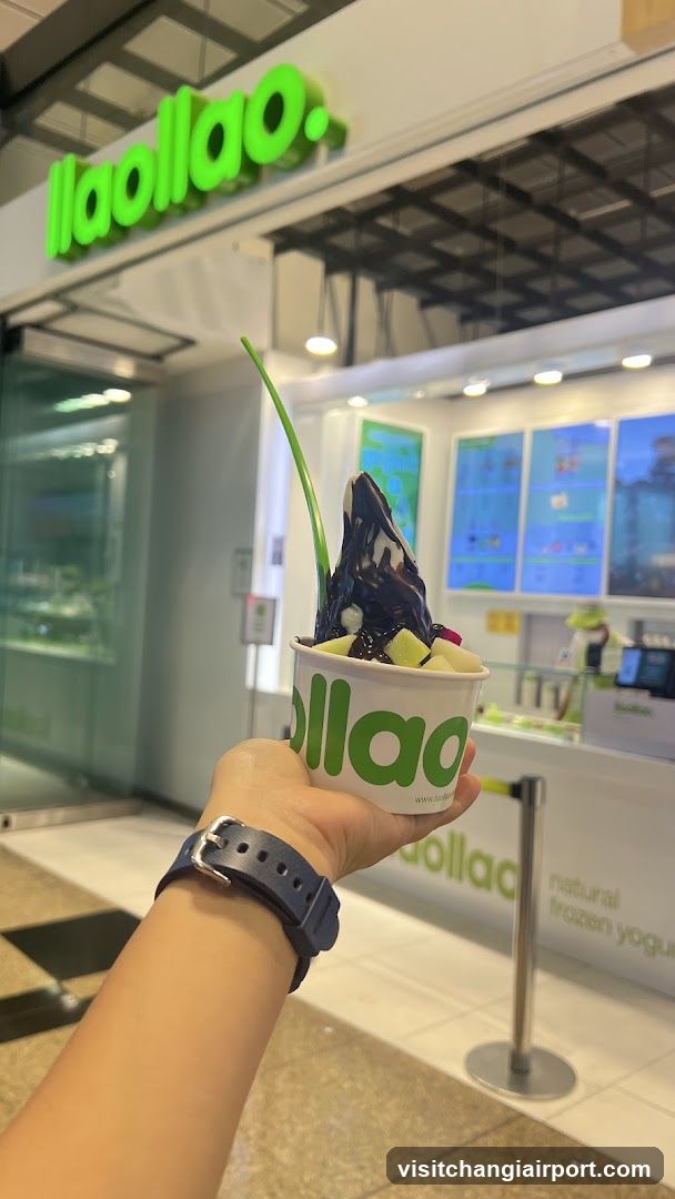 Hand holding frozen yogurt cup in front of shop