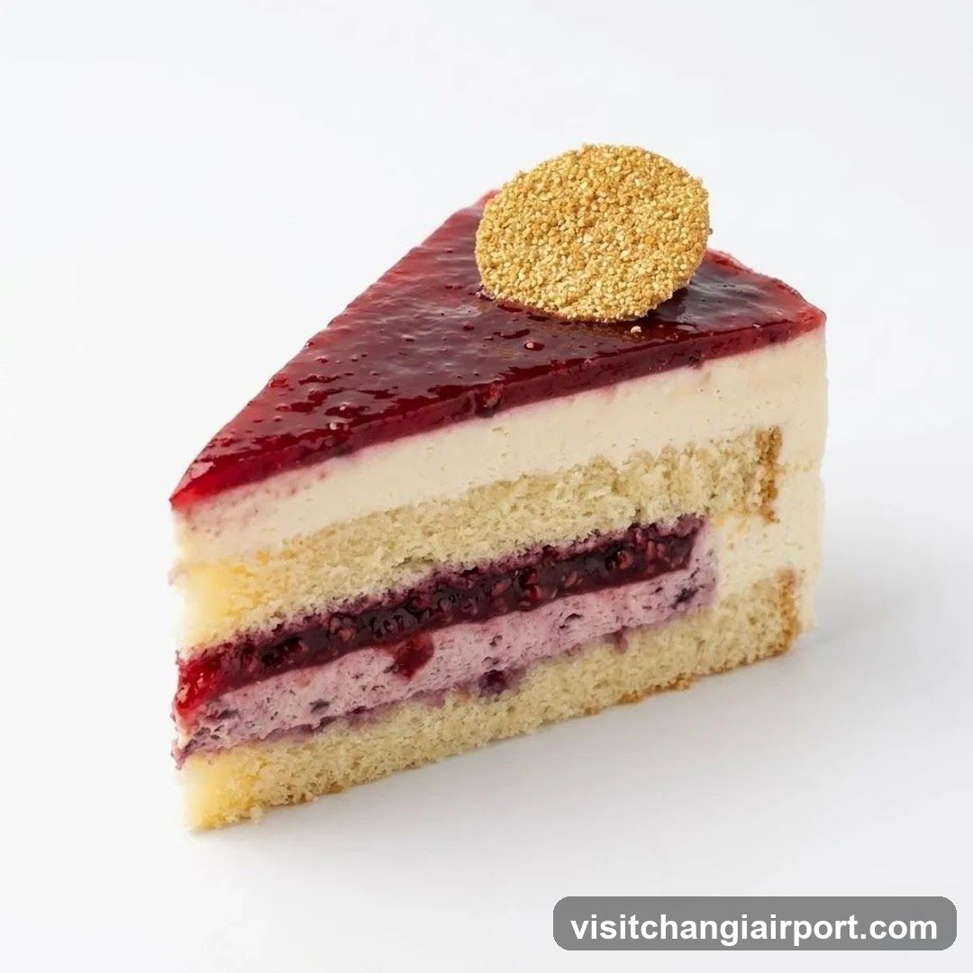 Slice of layered berry cake with cream and sponge