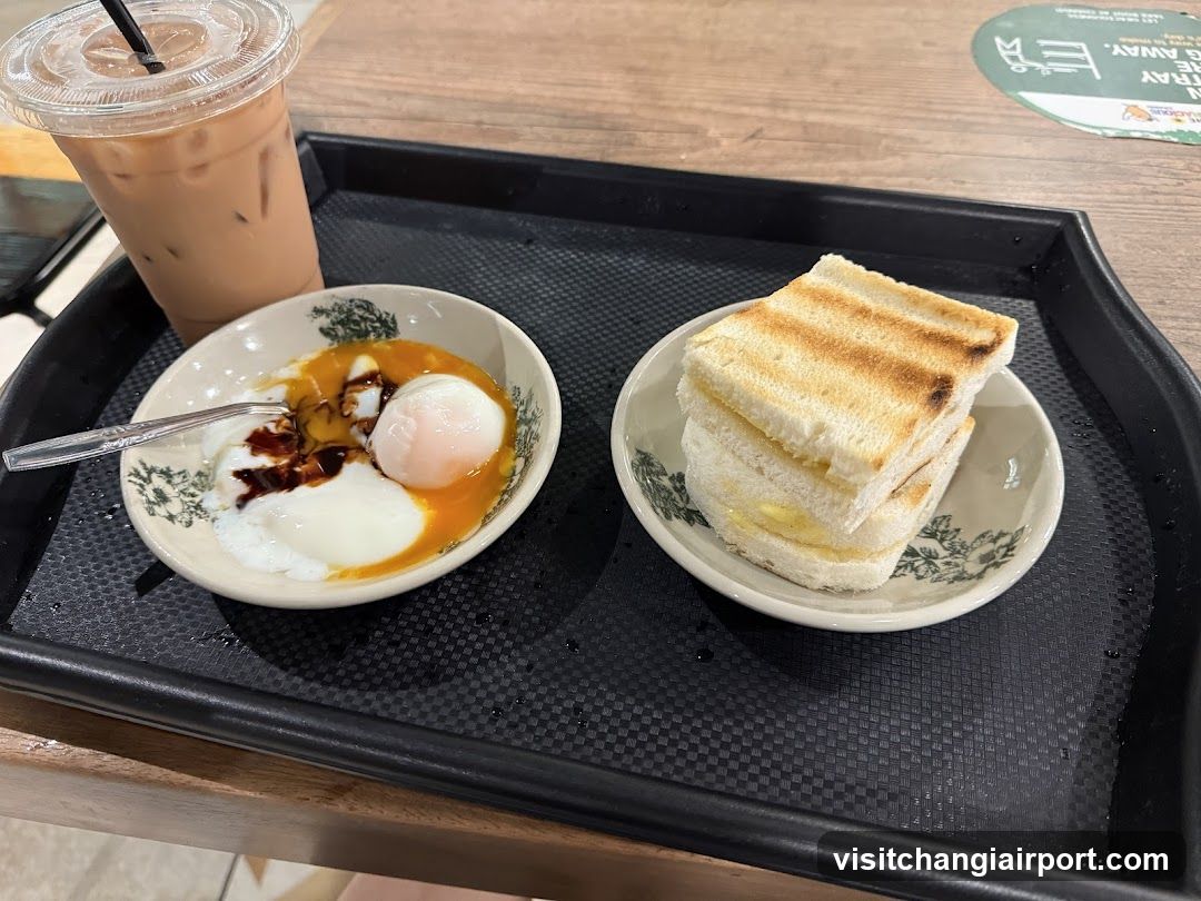Toasted Sandwich with Soft-Boiled Eggs and Iced Coffee