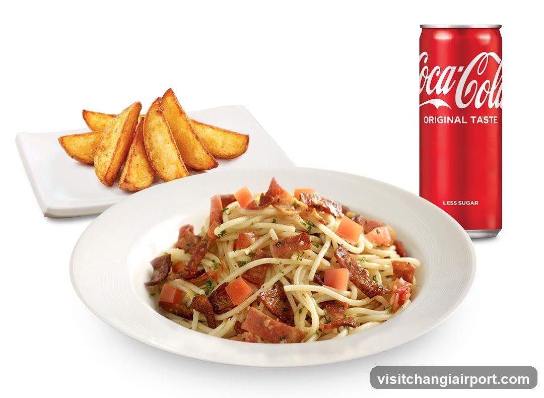 Spaghetti with Bacon and Tomato, Potato Wedges, Coca-Cola Can