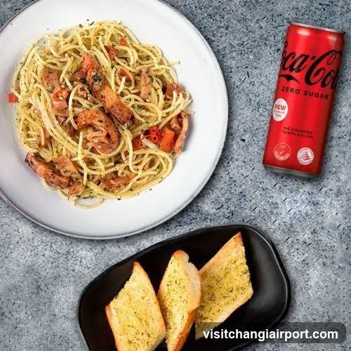 Spaghetti with Garlic Bread and Coca-Cola Zero Sugar
