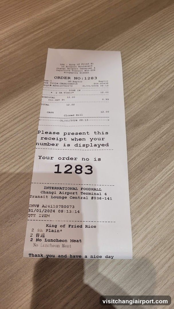Receipt from Changi Airport Terminal 4 Foodhall