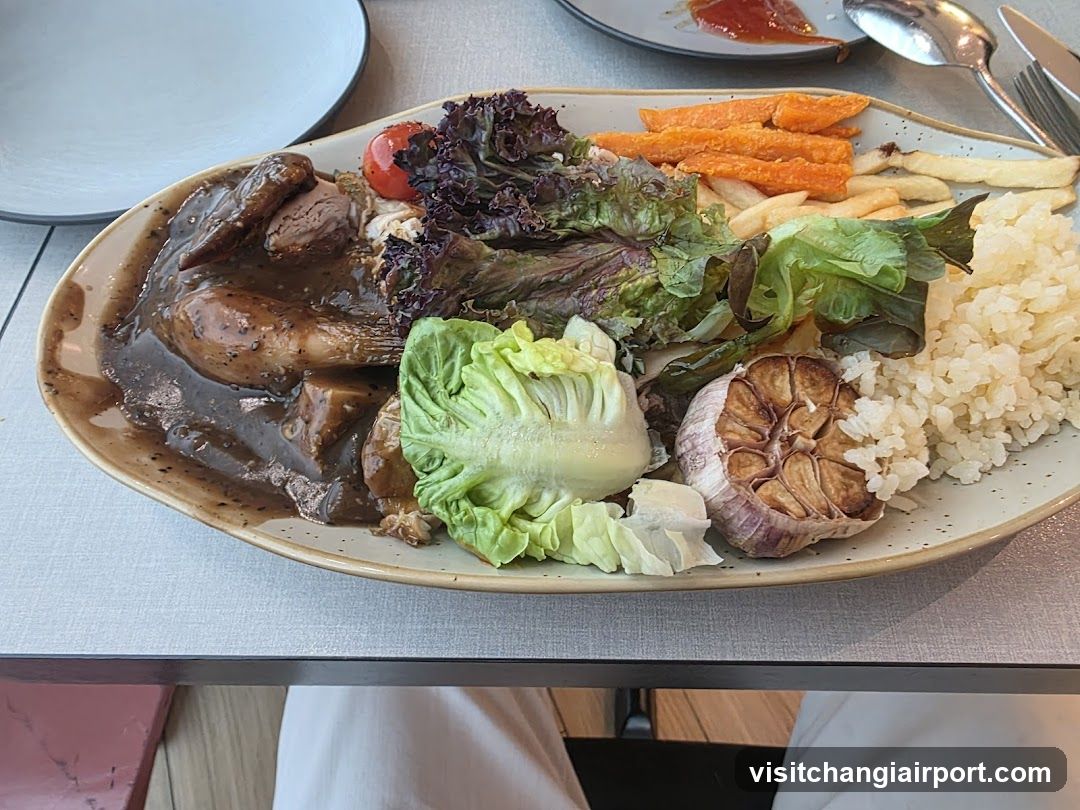 Plated Meal with Gravy and Vegetables