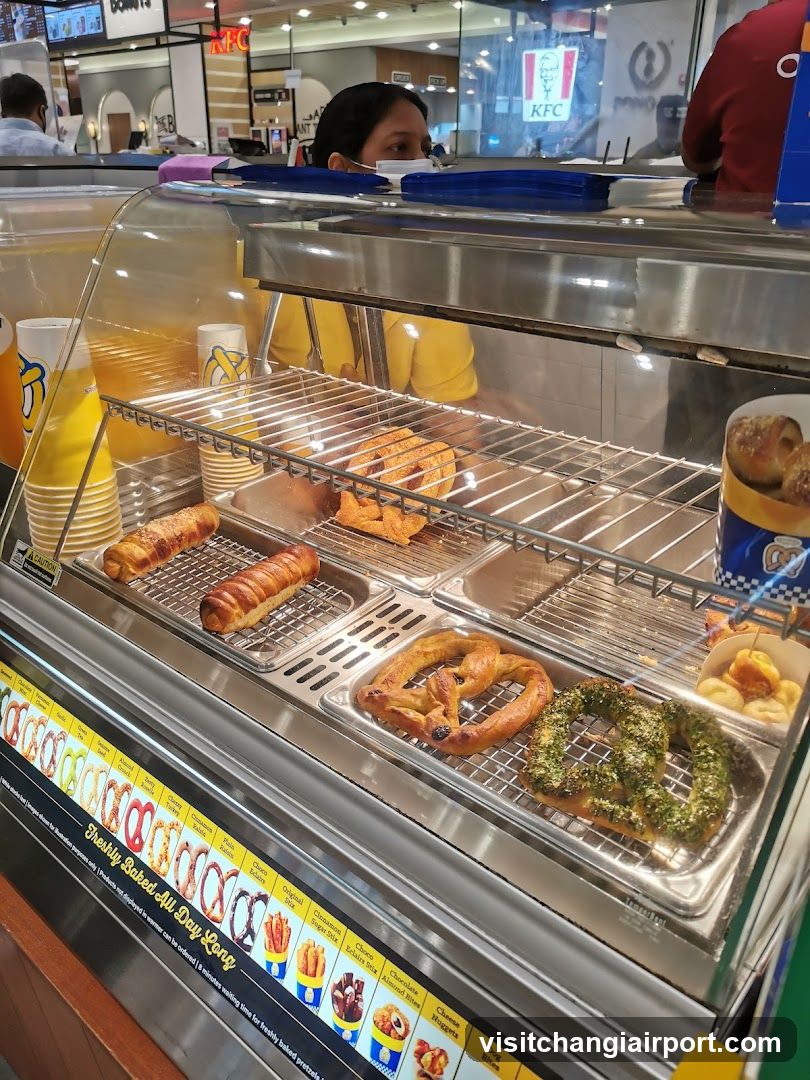 Food Display Case with Pretzels and Sausages
