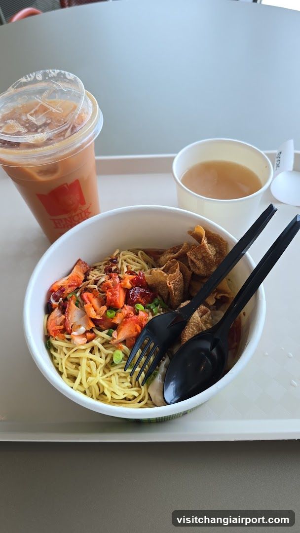 Noodle Bowl with Drink and Cup of Soup