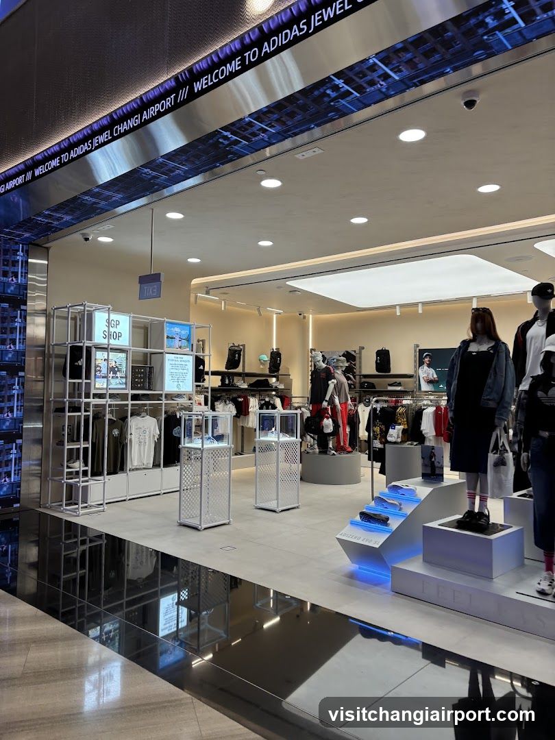 A modern retail storefront with a sleek, metallic facade and illuminated signage reading 'WELCOME TO ADIDAS JEWEL CHANGI AIRPORT'. The entrance features large glass windows revealing an interior display of clothing racks, mannequins dressed in casual wear, and promotional screens. A digital sign above the door displays the store name and location. Inside, products are arranged on tiered platforms with blue LED lighting accents.