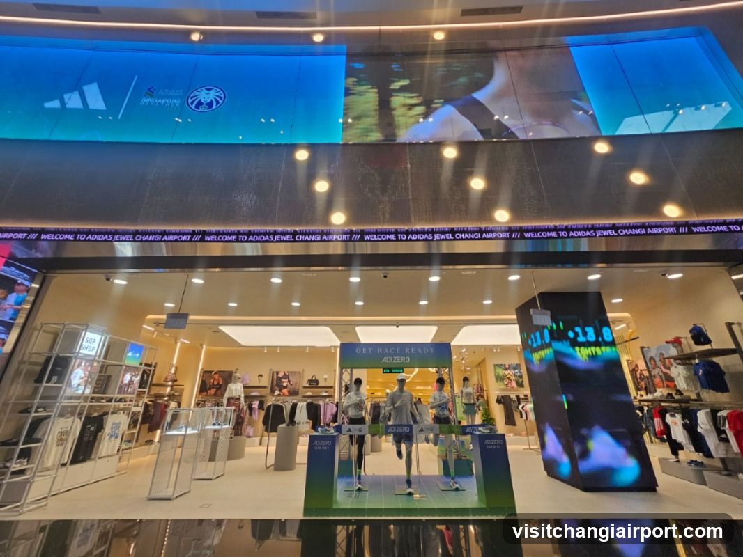 Storefront of an Adidas store at Changi Airport, featuring large glass windows displaying mannequins in athletic wear and promotional screens above the entrance showing brand logos and advertisements.