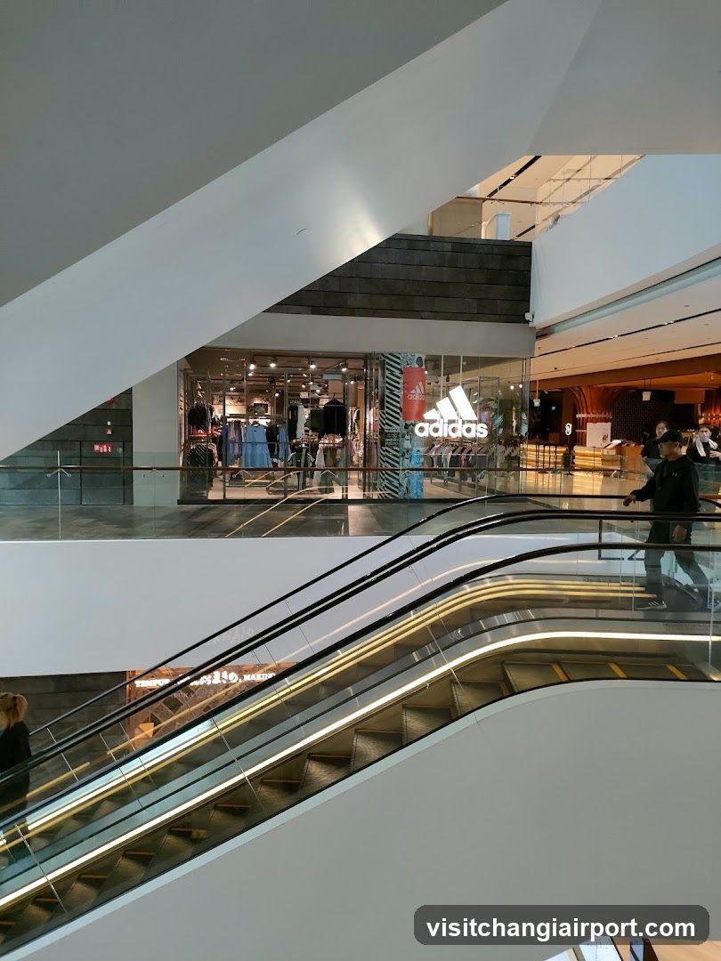 Shopping Mall Interior with Escalator and Storefronts