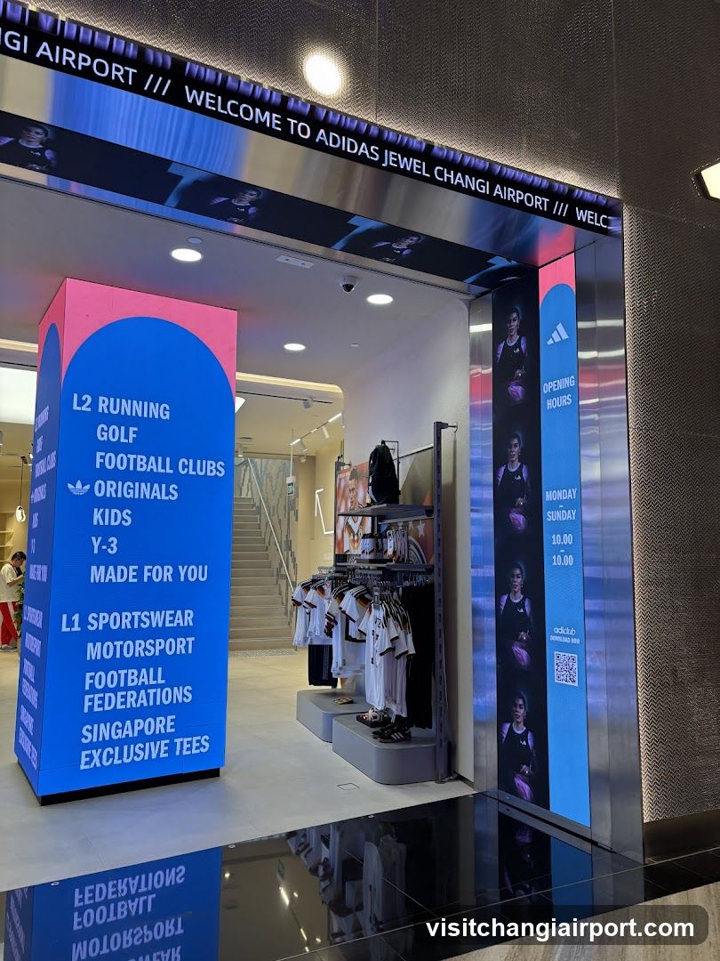 The image shows the entrance to an Adidas store located at Jewel Changi Airport. Prominent signage includes a blue pillar listing categories like Running, Golf, Football Clubs, Originals, Kids Y-3, and Made For You. Another section advertises L1 Sportswear, Motorsport, Football Federations, Singapore Exclusive Tees. A vertical banner displays opening hours (Monday-Sunday 10:00-22:00) with images of athletes. The interior reveals clothing racks with white shirts and shoes on display. Overhead digital signage welcomes visitors to 'Adidas Jewel Changi Airport'.