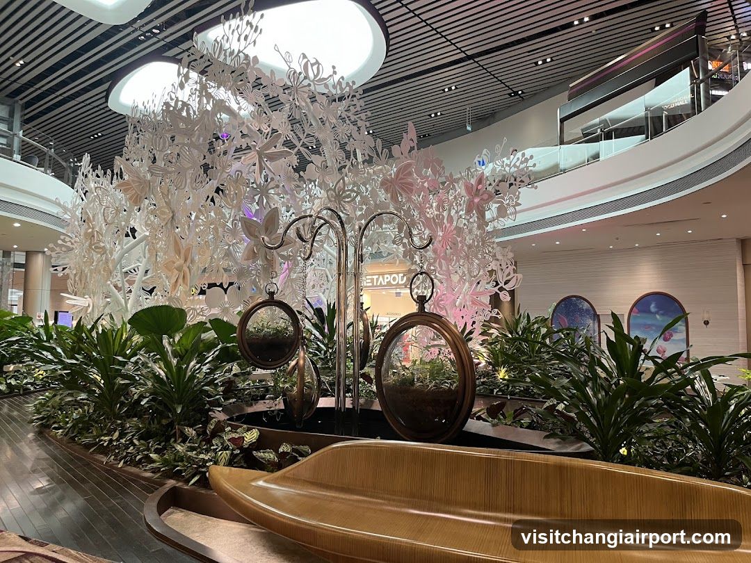 Indoor Mall Decor with Hanging Mirrors and Greenery