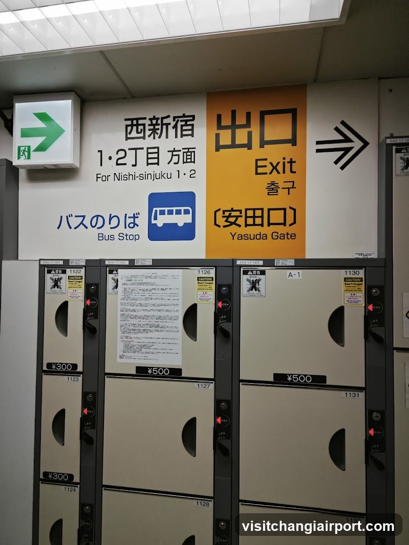 Station Exit and Bus Stop Signage with Luggage Lockers