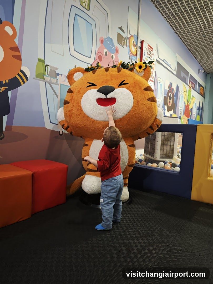 Child Touching Giant Tiger Statue in Play Area