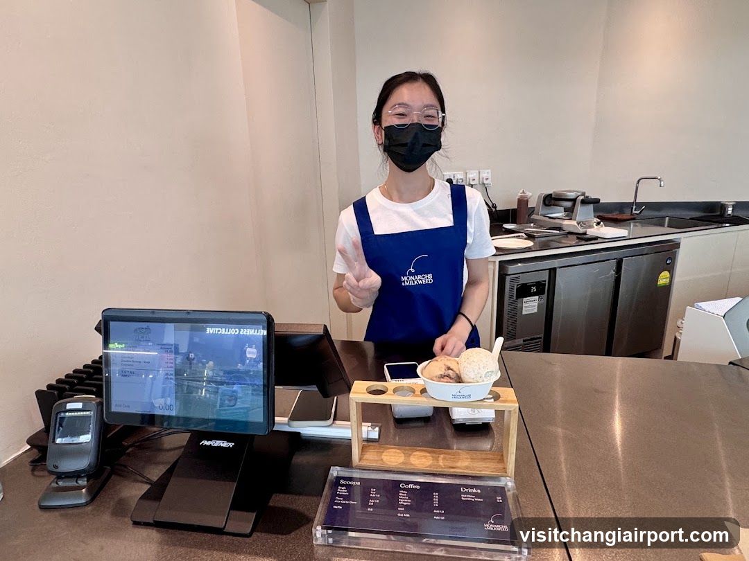 Barista with ice cream at counter