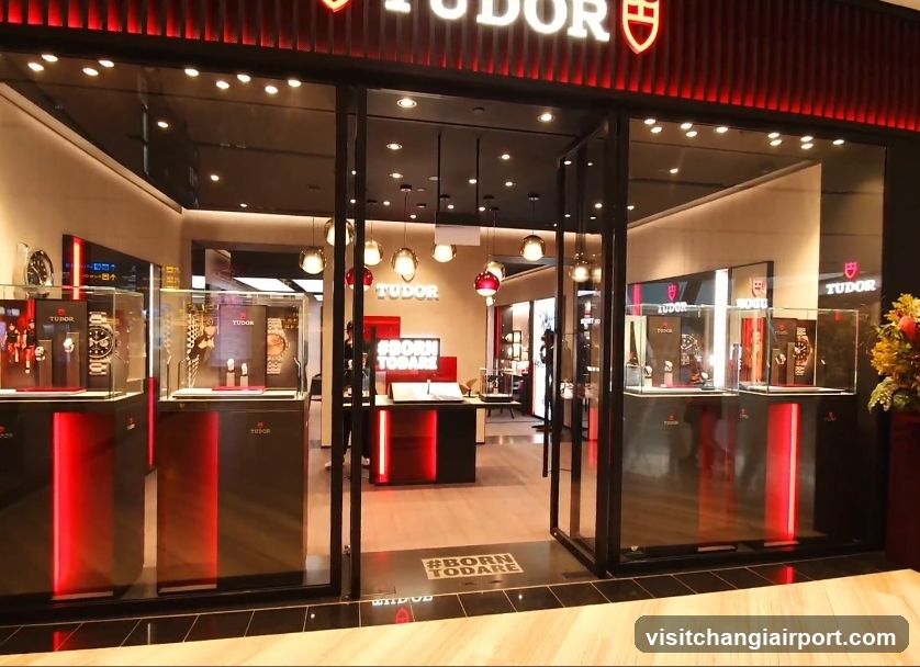 The image shows the exterior entrance of a Tudor watch store, featuring glass doors and windows with illuminated red accents. The brand name 'TUDOR' is prominently displayed above the entrance in white letters against a dark background. Inside, there are display cases showcasing various watches, with some items visible through the glass. The interior lighting highlights the products, creating an inviting atmosphere.